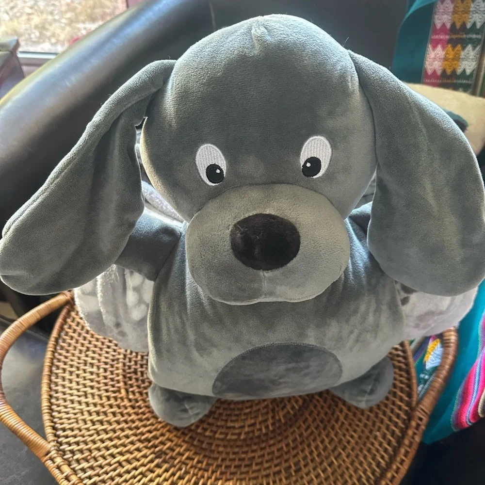 Warm + Cozy Gray Plush Dog Huggable Friend Blanket Set New